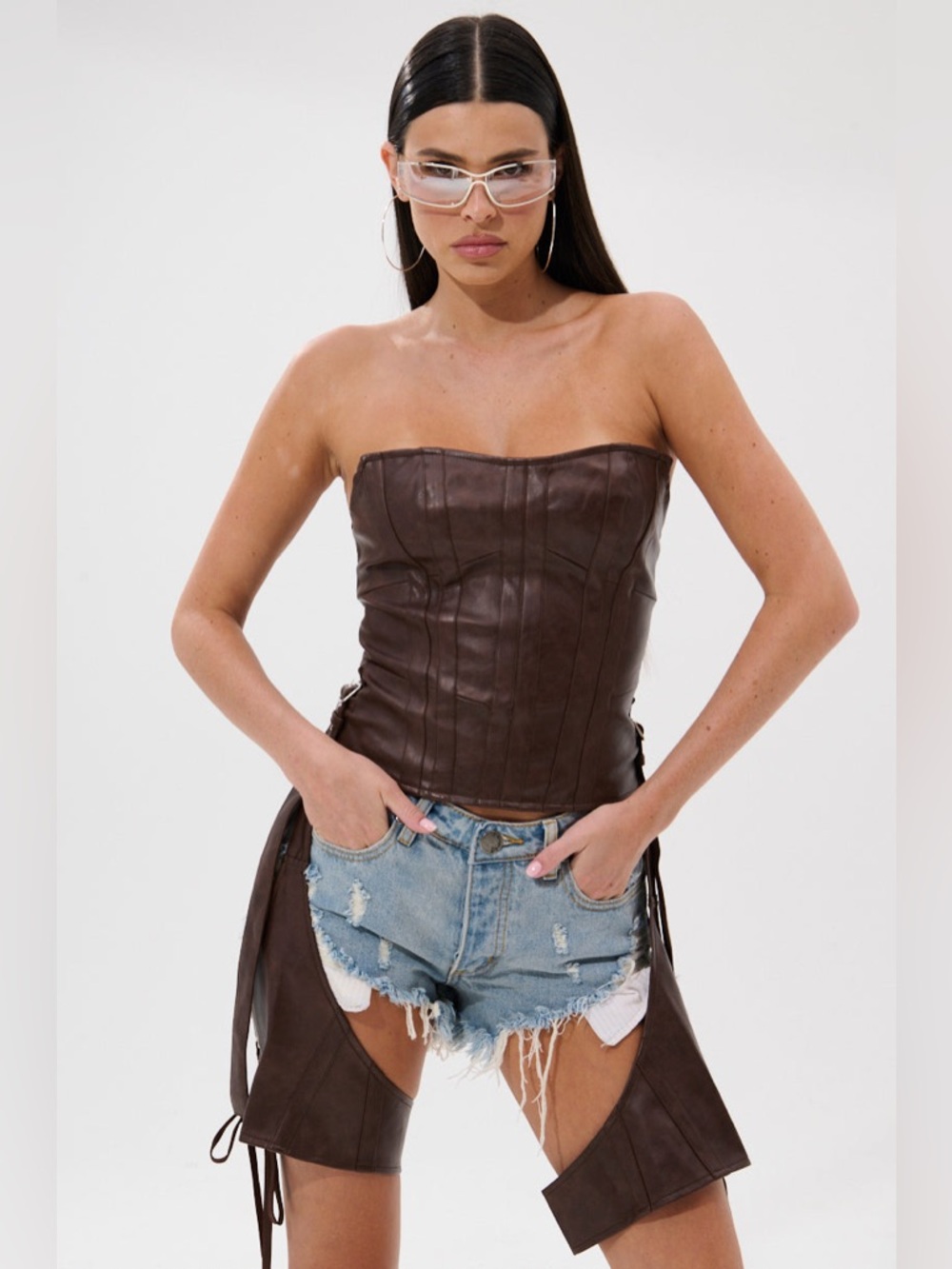 Brown Western Strapless Faux Leather Corset Top